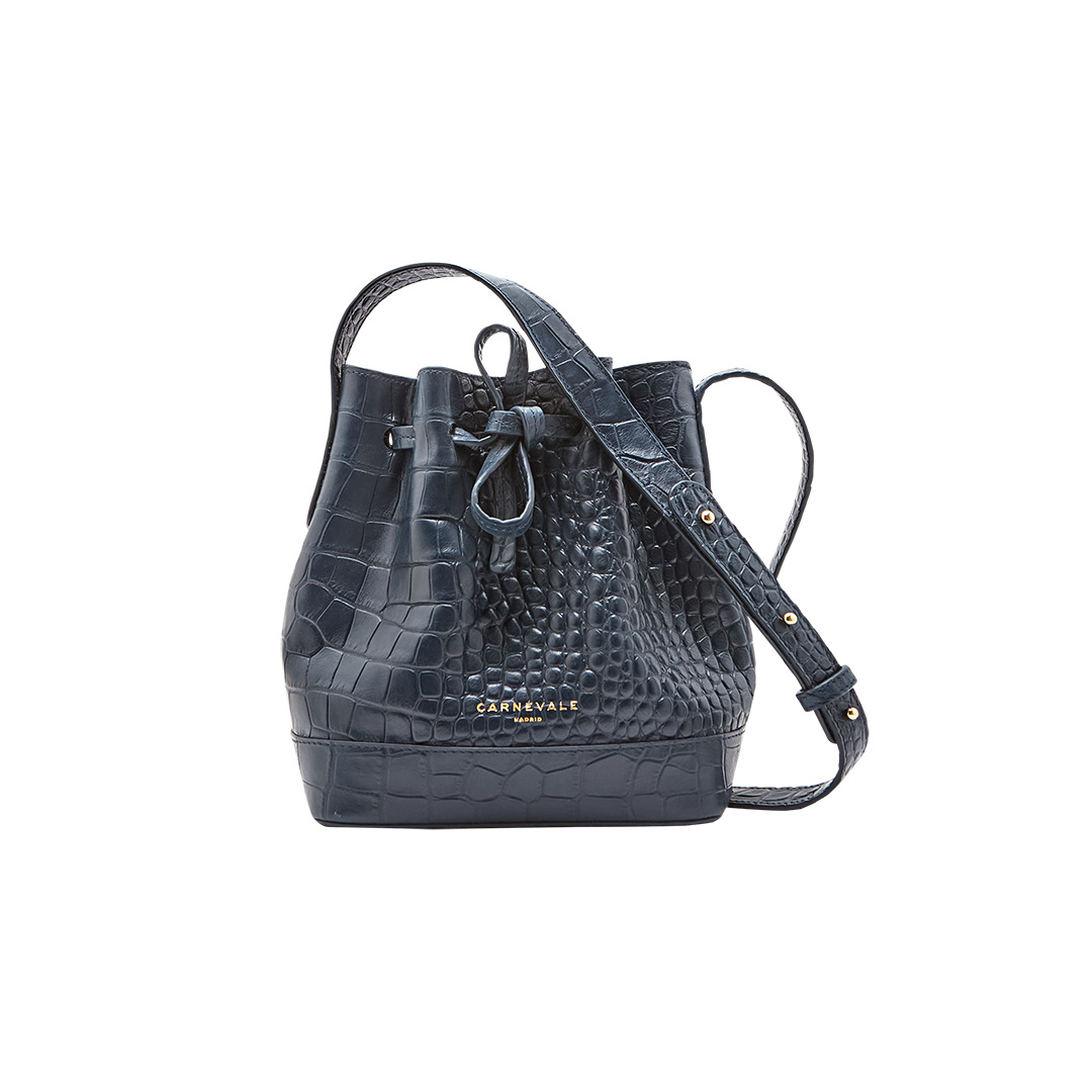 BOLSO SACO MINI TELMA BUCKET BAG AZUL MARINO NAVY PIEL CUERO Carnevale Madrid